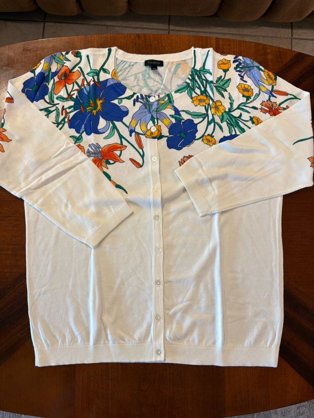 Talbots Women’s White Cardigan with Blue, Orange & Yellow Floral Yoke